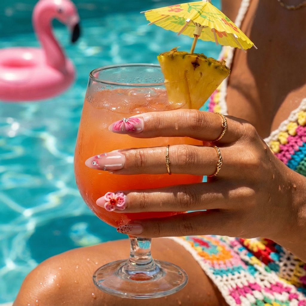 Pink Orchid press-on nails worn on hand – almond shape by Handora