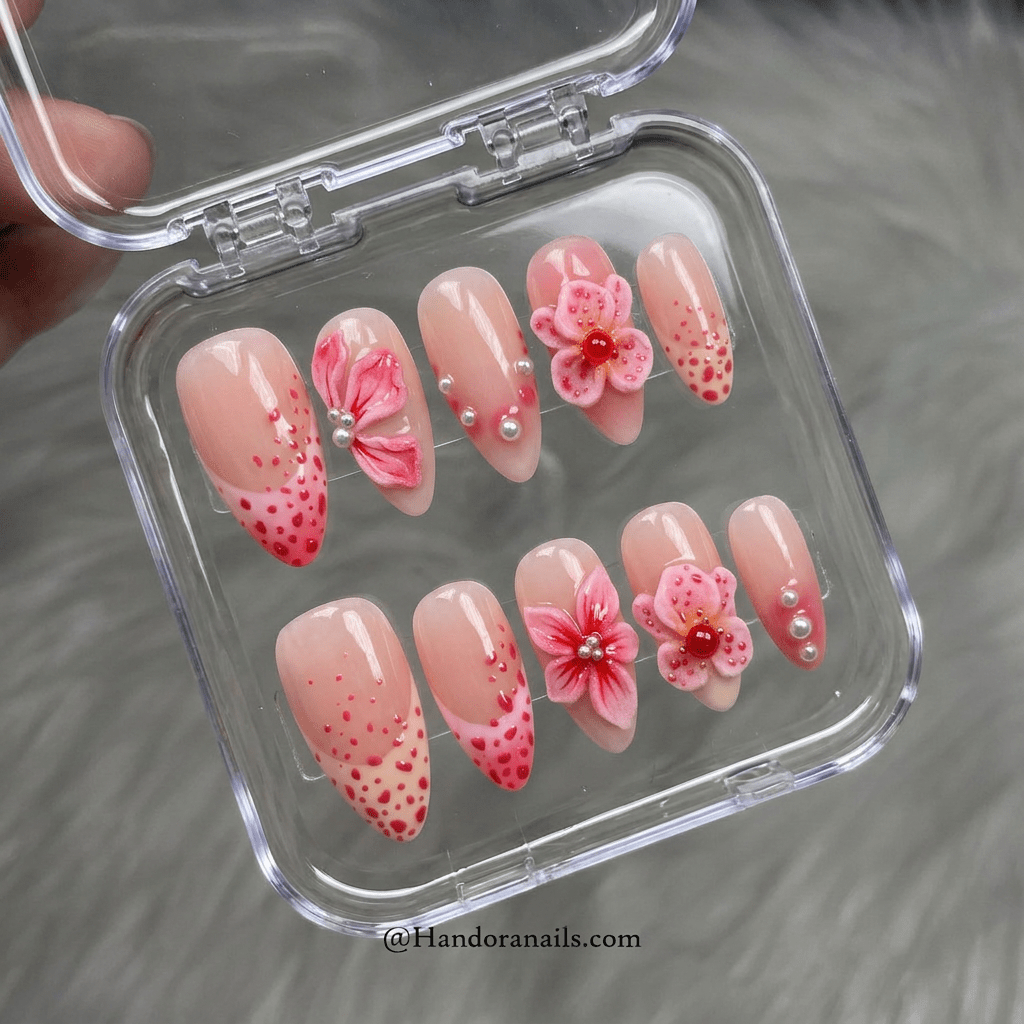 Pink Orchid 3d nail design – handmade press-on nails by Handora