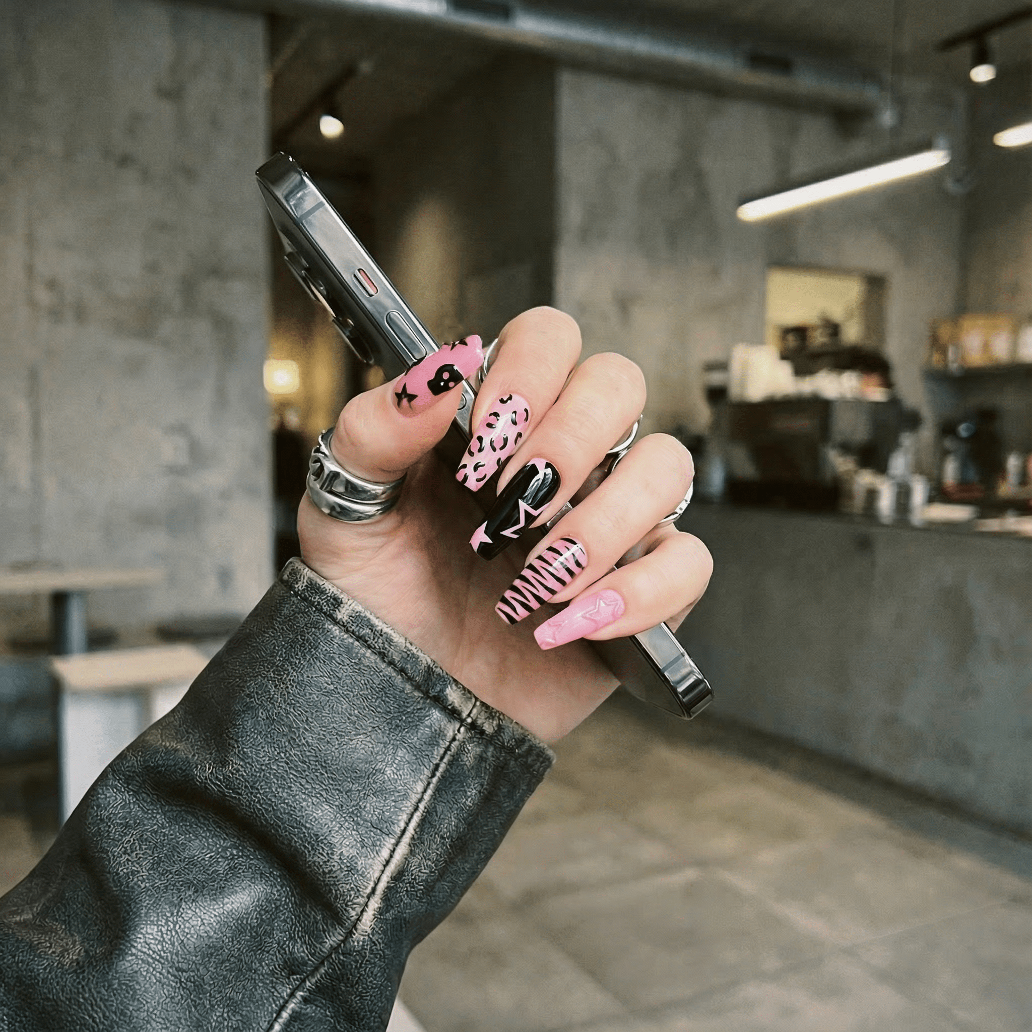 Pink Punk Rock press-on nails – hand-painted reusable gel set by Handora