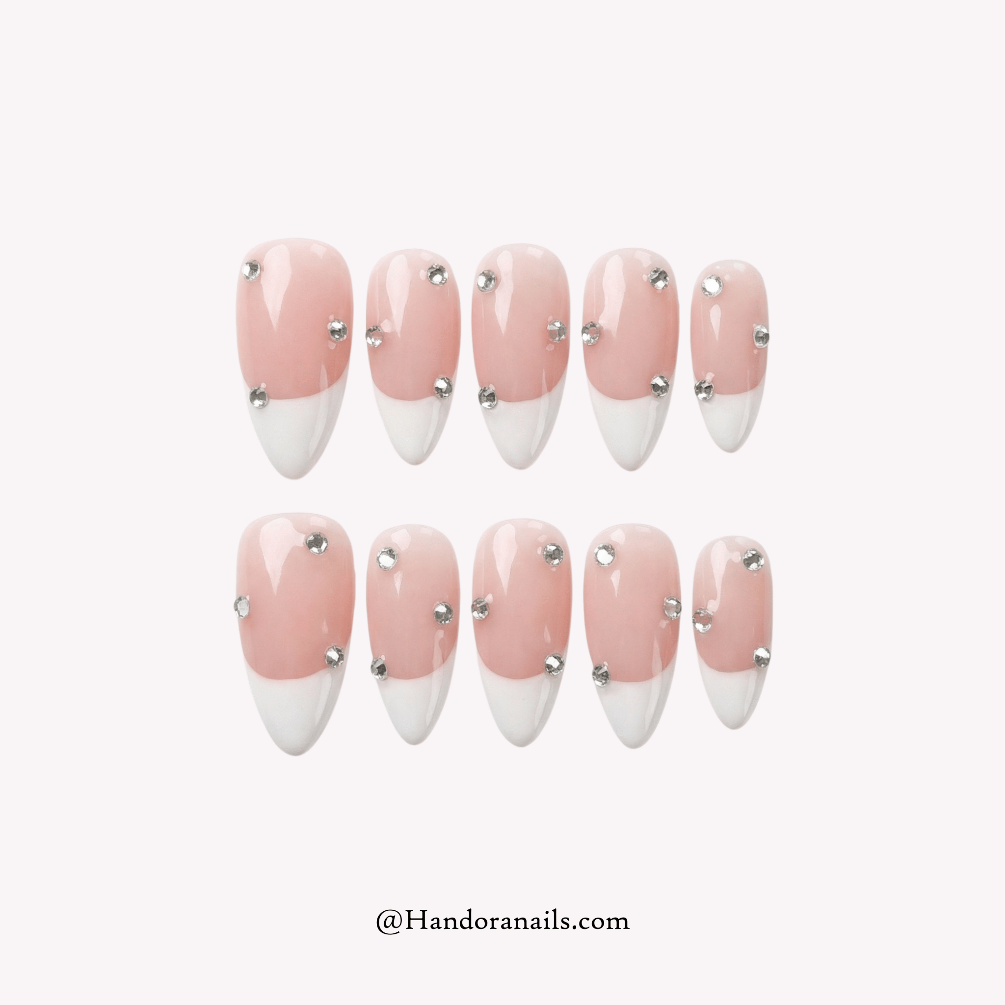 Pink Rhinestone pink almond crystal press-on nails by Handora