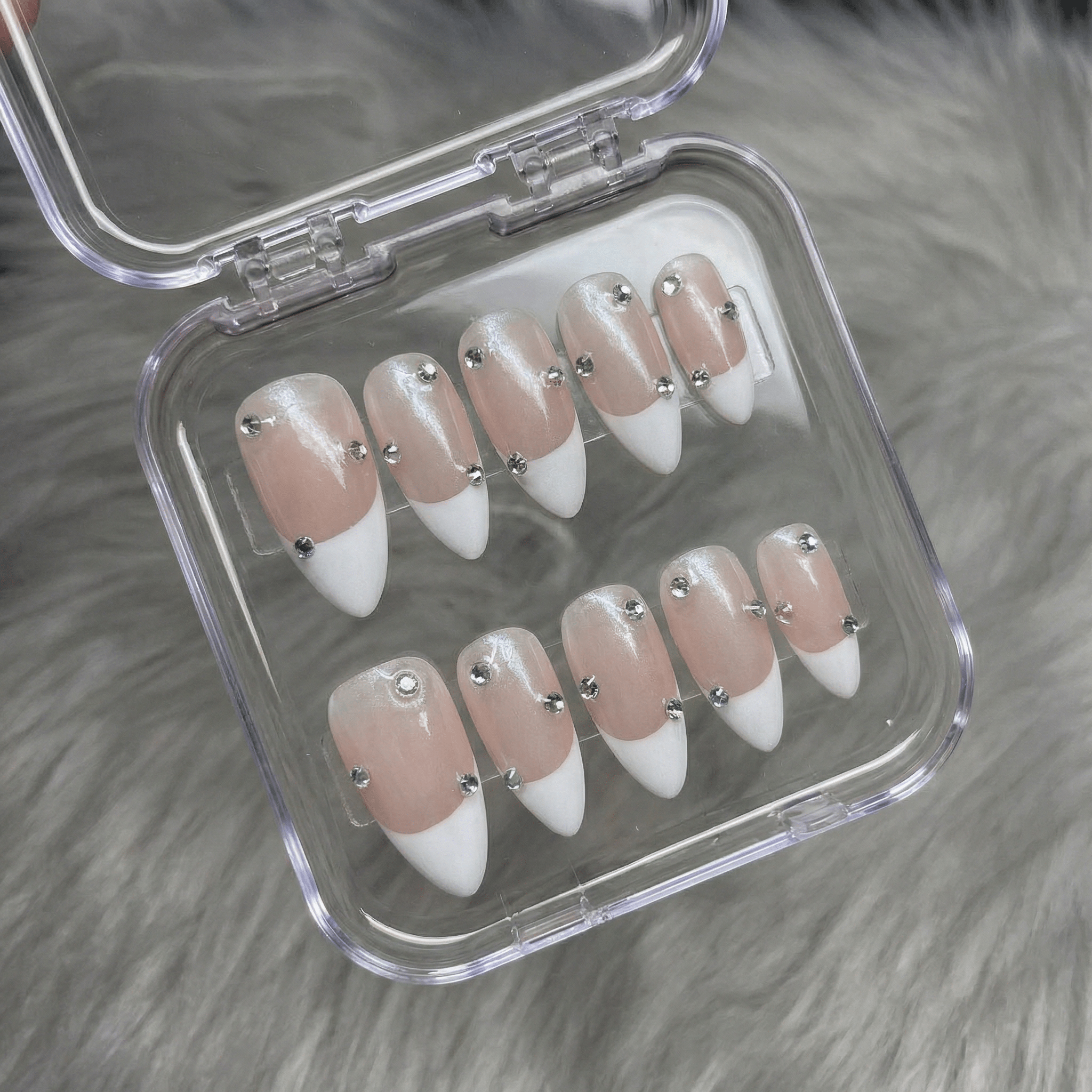 Pink Rhinestone almond press-on nails – design close-up by Handora