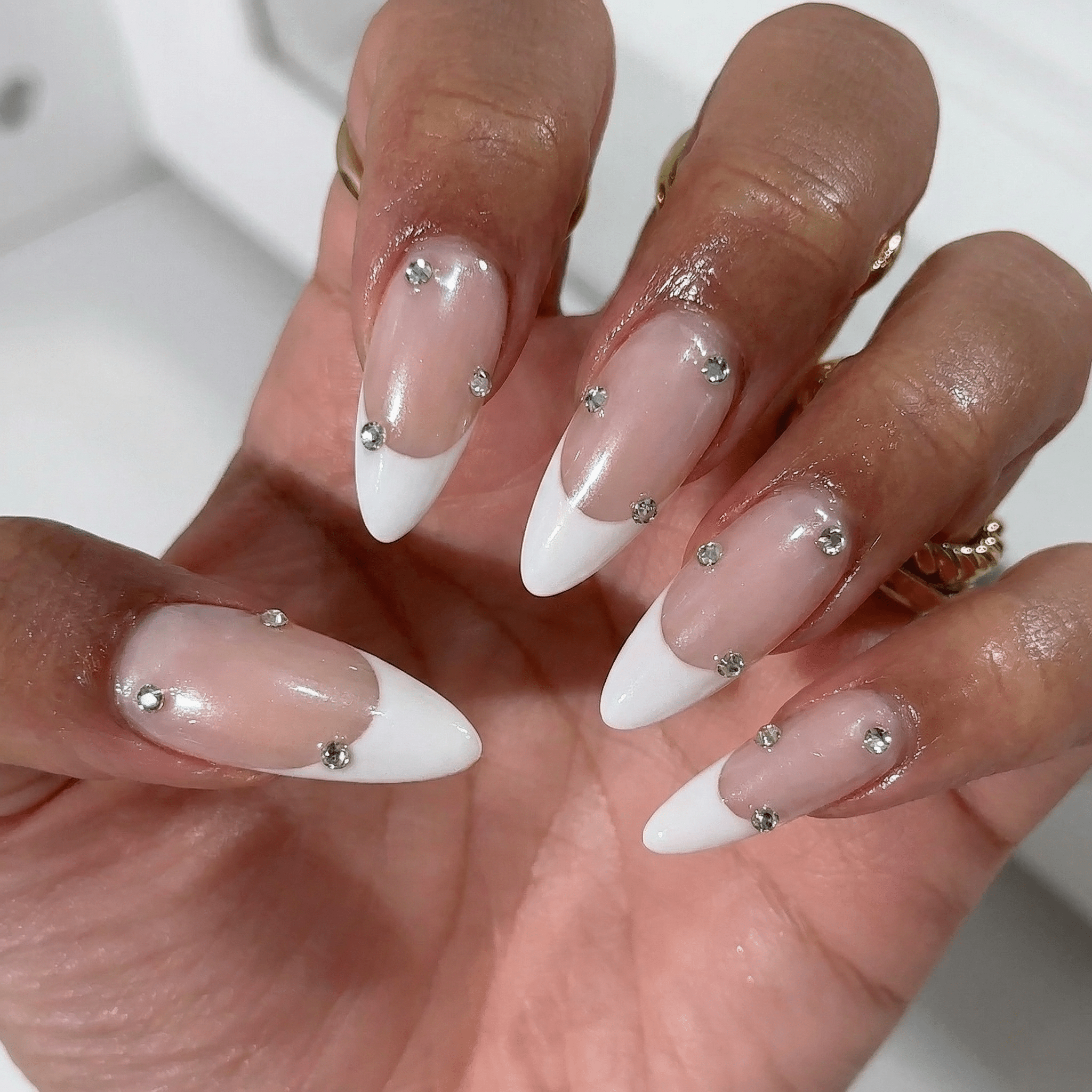 Pink Rhinestone press-on nails – hand-painted reusable gel set by Handora