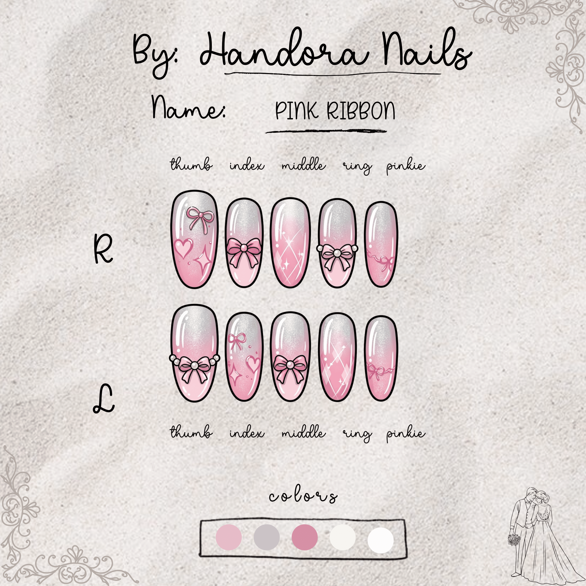 Pink Ribbon press-on nails – design close-up by Handora