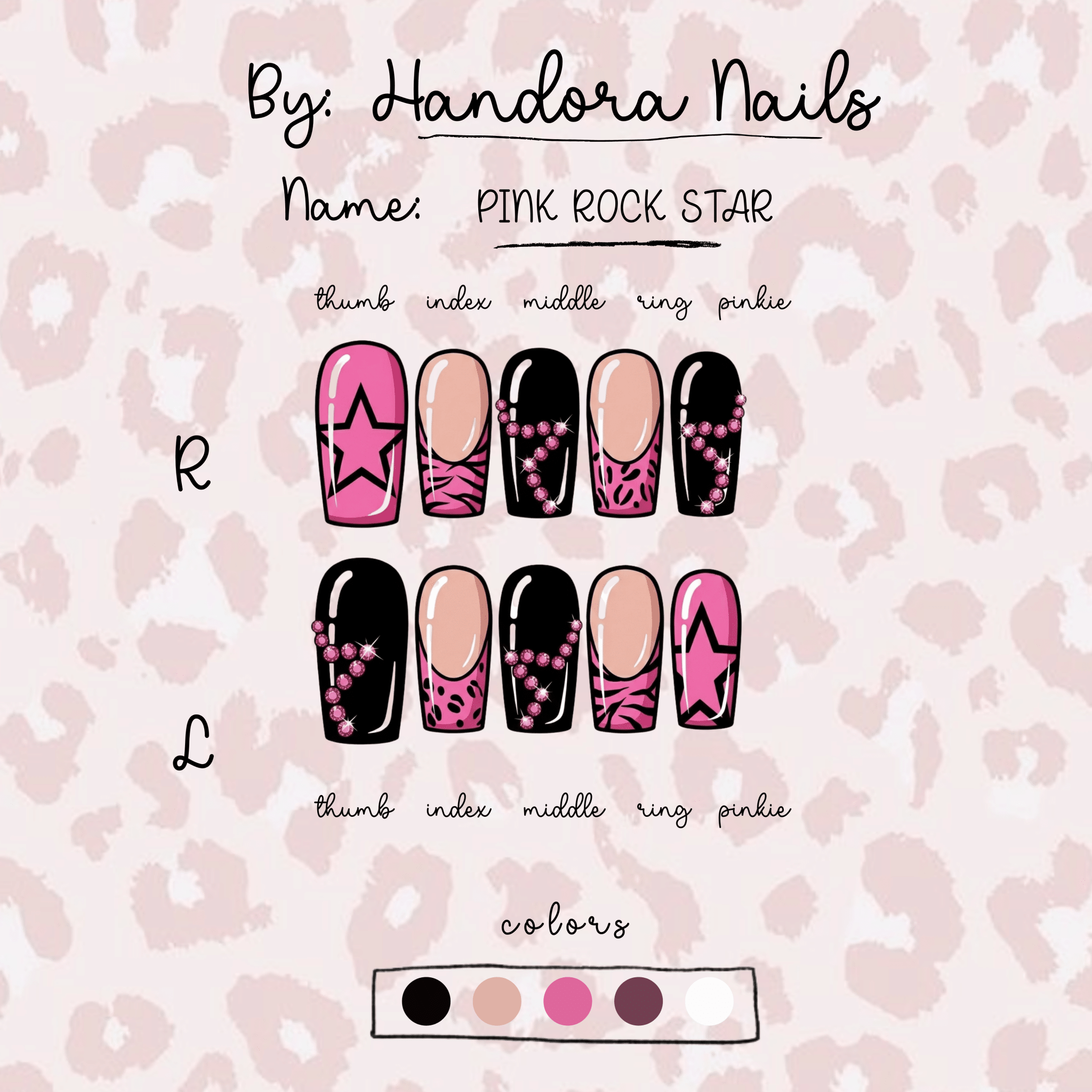 Pink Rock Star press-on nails – design close-up by Handora
