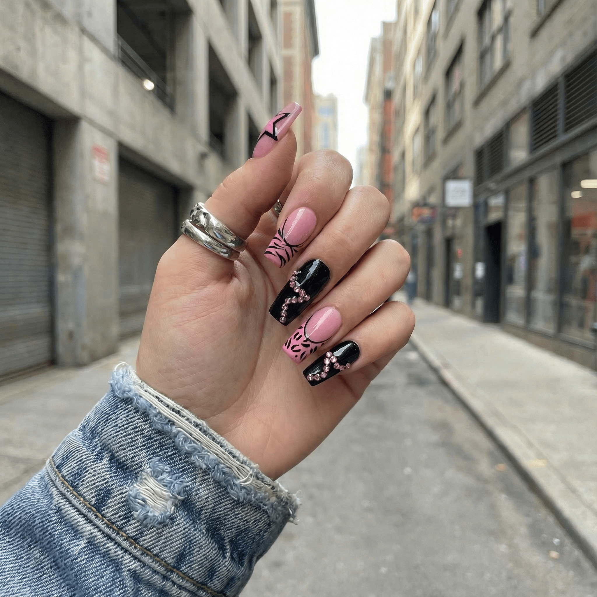 Pink Rock Star press-on nails – hand-painted reusable gel set by Handora