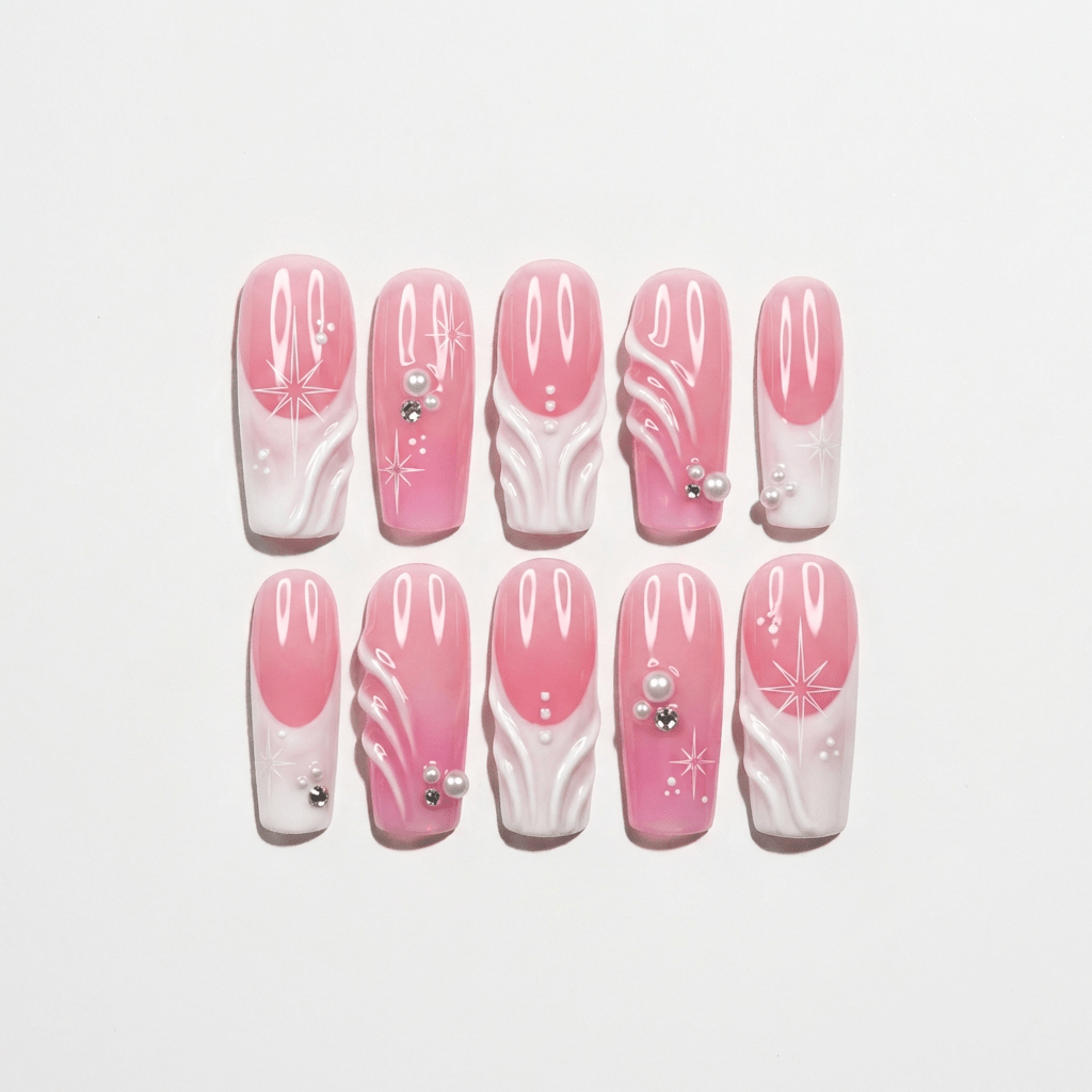 Pink Starlet press-on nails – design close-up by Handora