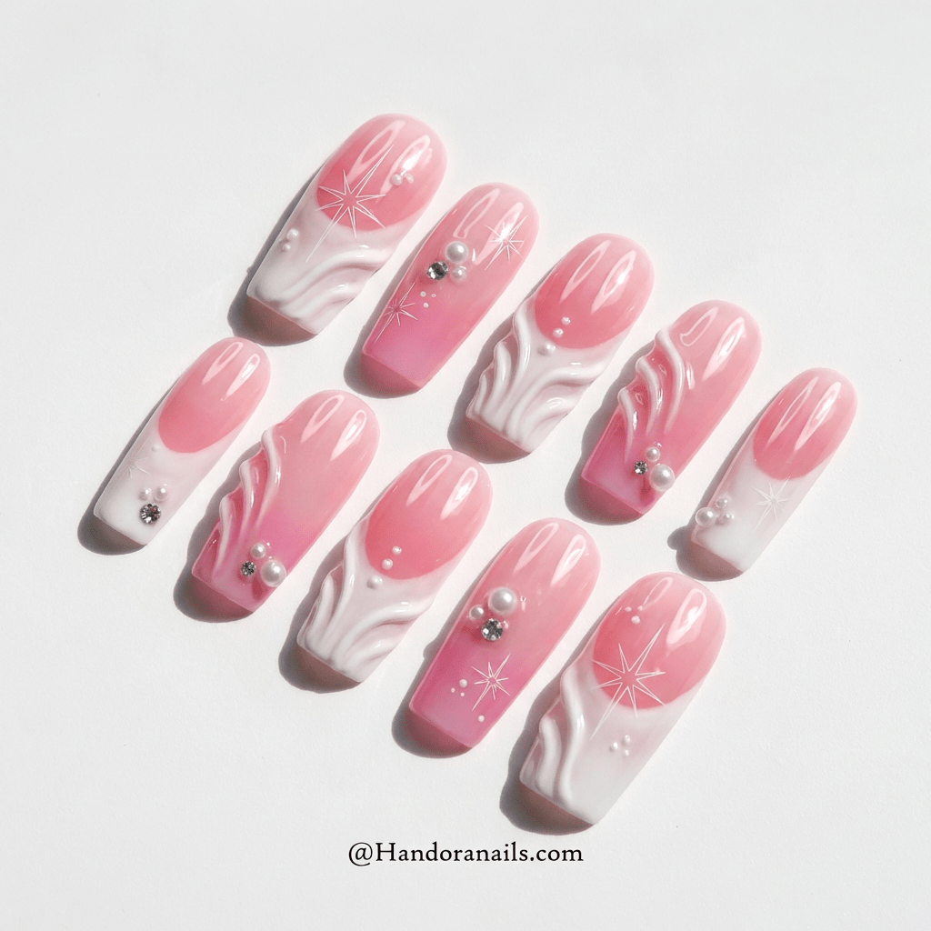Pink Starlet crystal nail design – handmade press-on nails by Handora