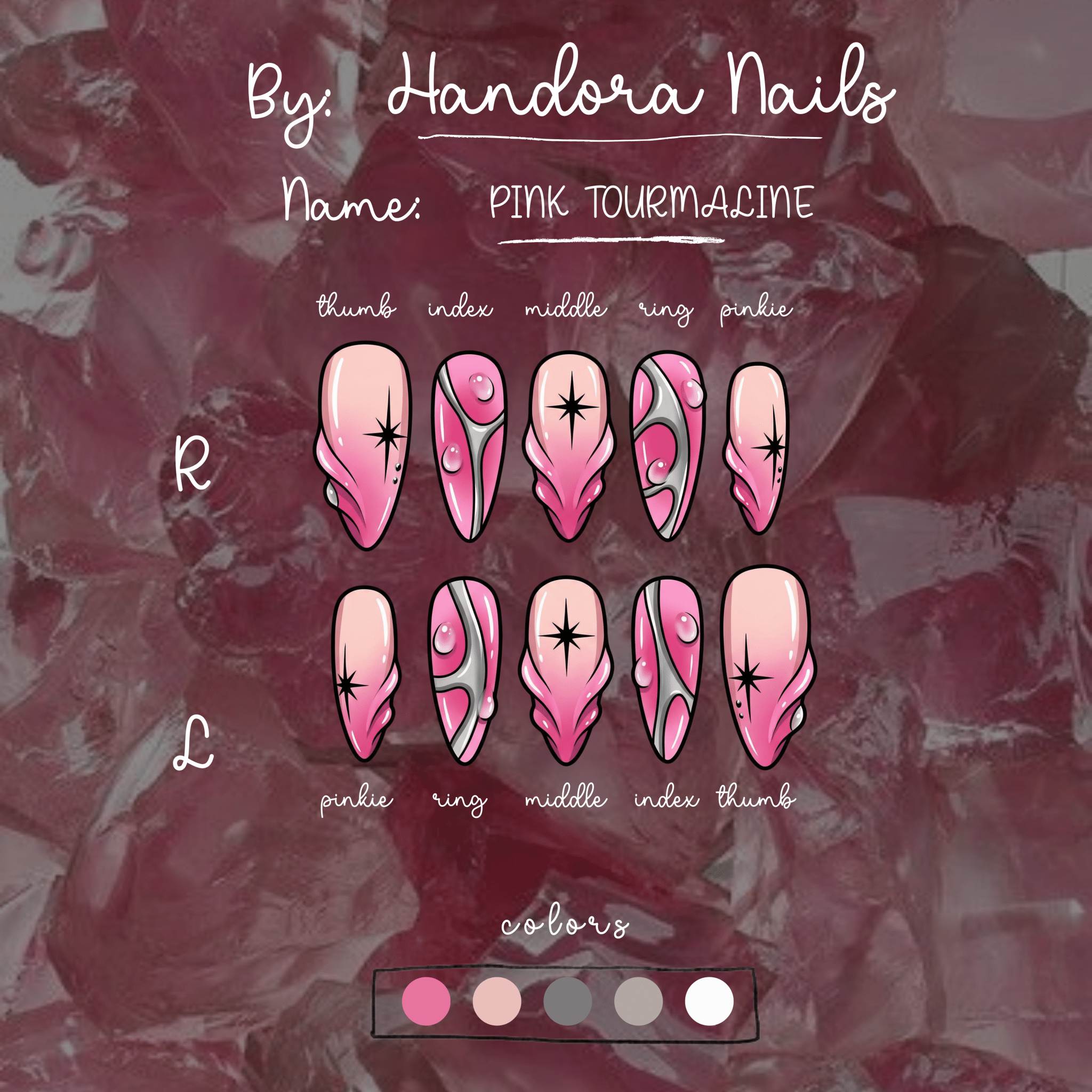 Pink Tourmaline press-on nails – design close-up by Handora