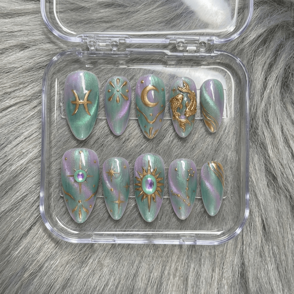 Pisces Aura salon-quality handmade press-on nails by Handora