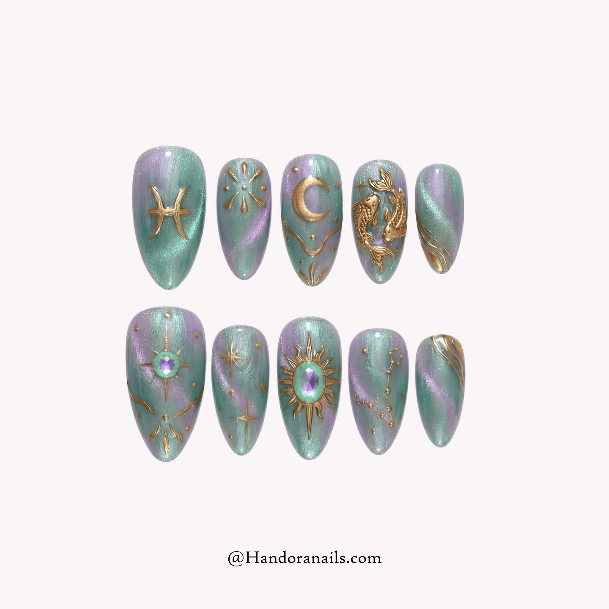 Pisces Aura press-on nails – design close-up by Handora
