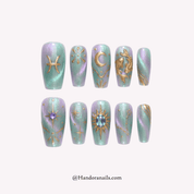 Pisces Aura press-on nails – hand-painted reusable gel set by Handora