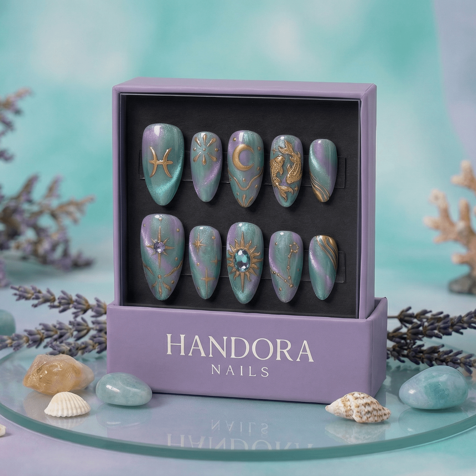 Pisces Aura press-on nails – hand-painted reusable gel set by Handora