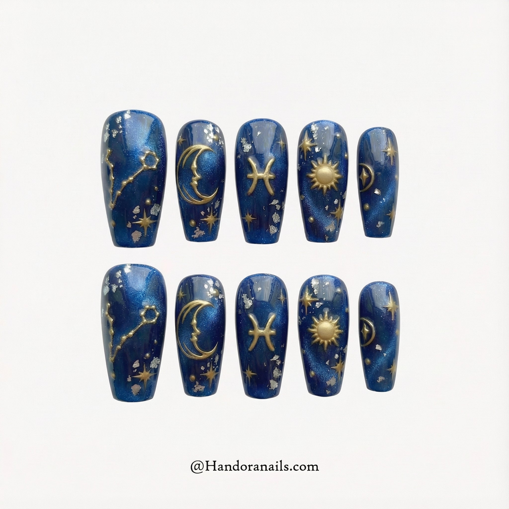 Pisces Galaxy press-on nails – design close-up by Handora