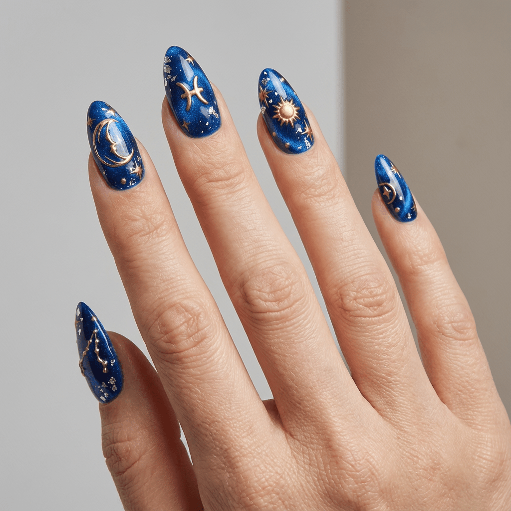 Pisces Galaxy press-on nails – hand-painted reusable gel set by Handora