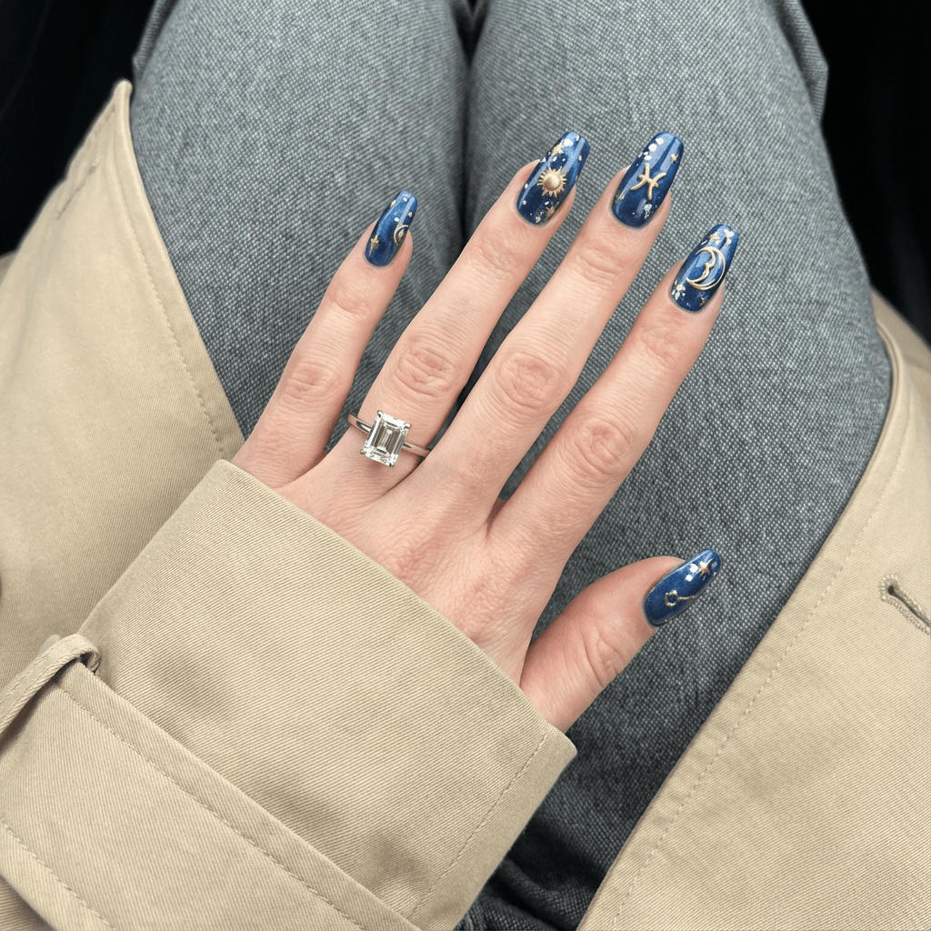 Pisces Galaxy press-on nails worn on hand – almond shape by Handora