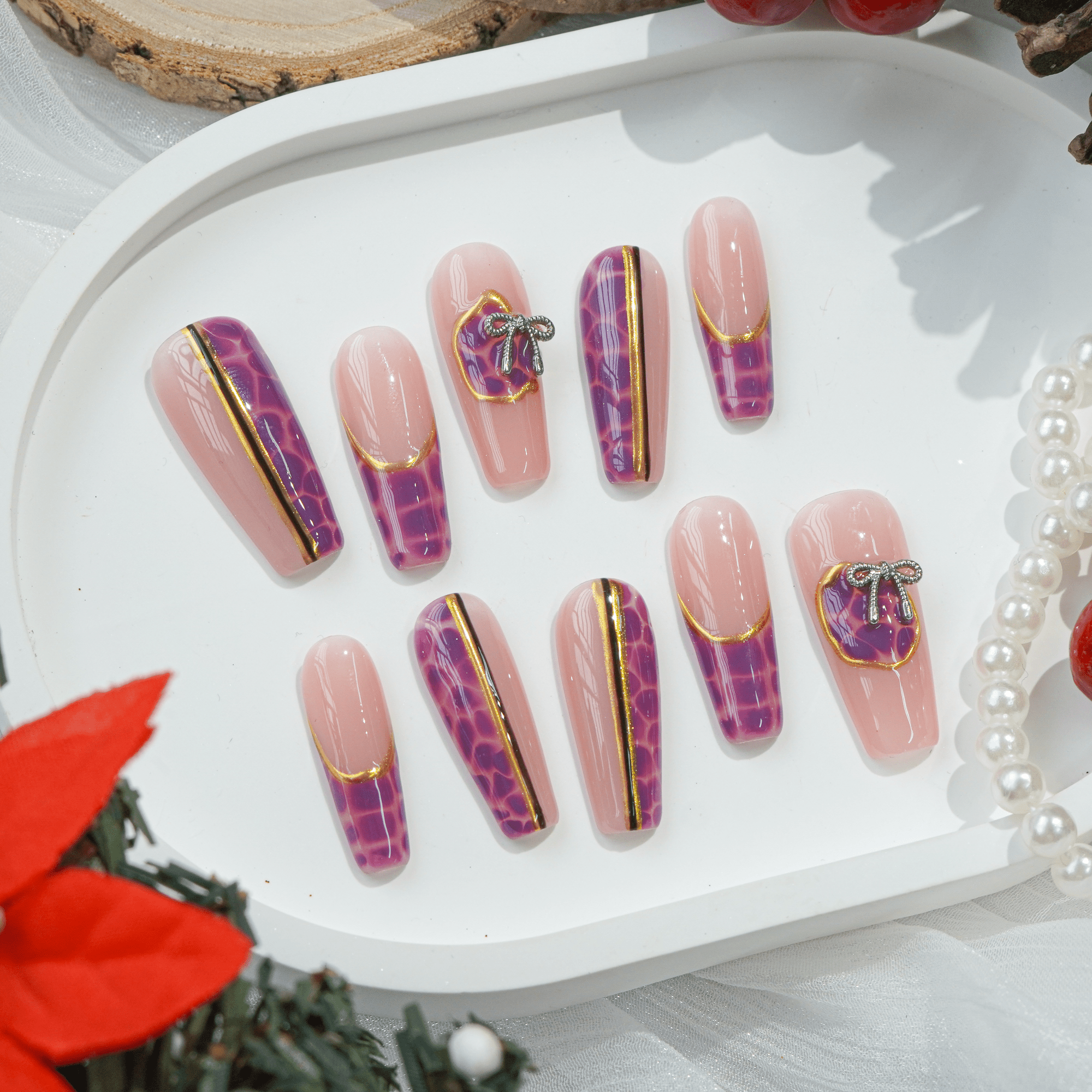 Plaid Magic coffin press-on nails – design close-up by Handora