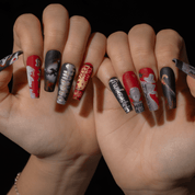 Poe Inspired Nails press-on nails worn on hand – almond shape by Handora