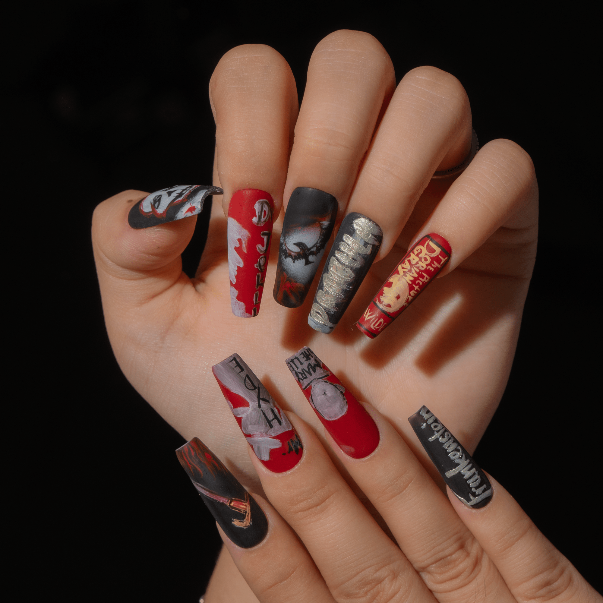 Poe Inspired Nails gothic nail design – handmade press-on nails by Handora