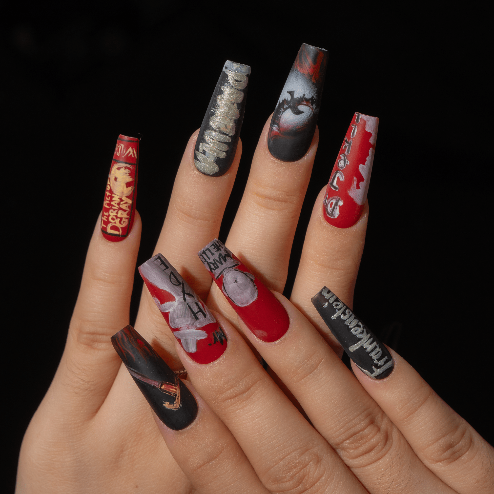 Poe Inspired Nails press-on nails – design close-up by Handora