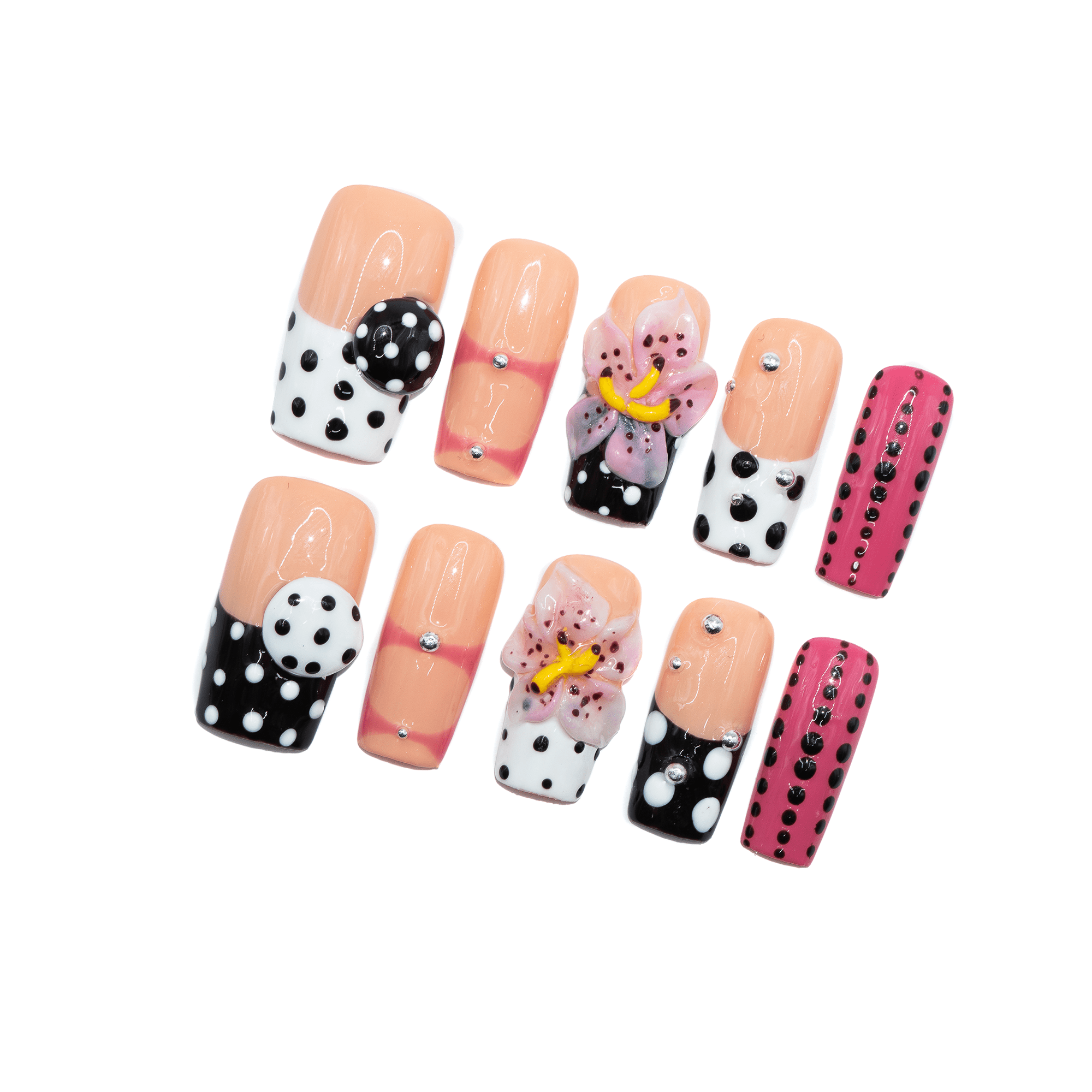 Polka Bloom Chic press-on nails worn on hand – almond shape by Handora