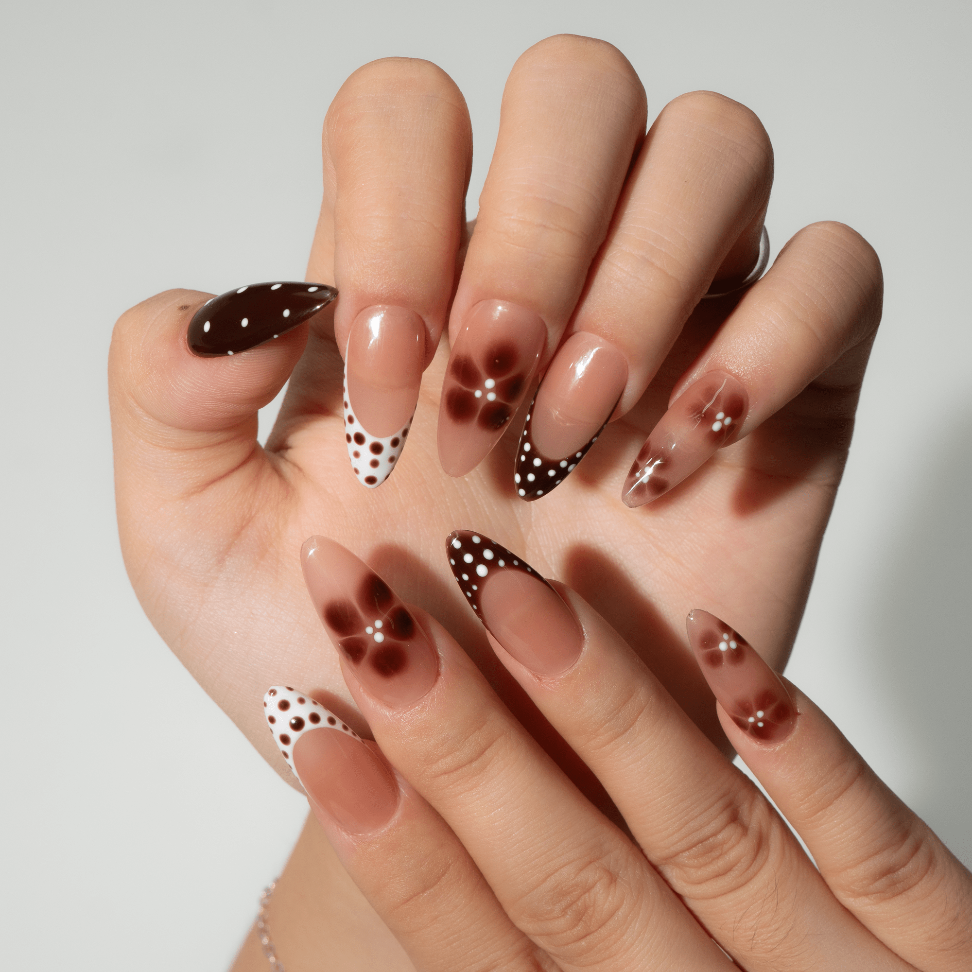 Polka Bloom floral nail design – handmade press-on nails by Handora