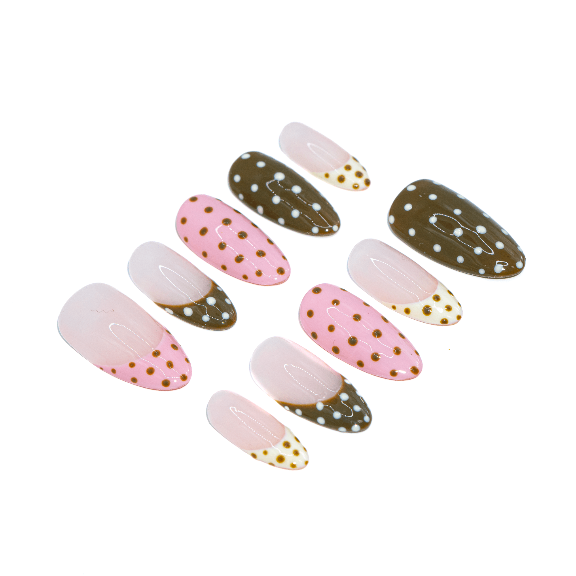 Polka Pop almond press-on nails – design close-up by Handora