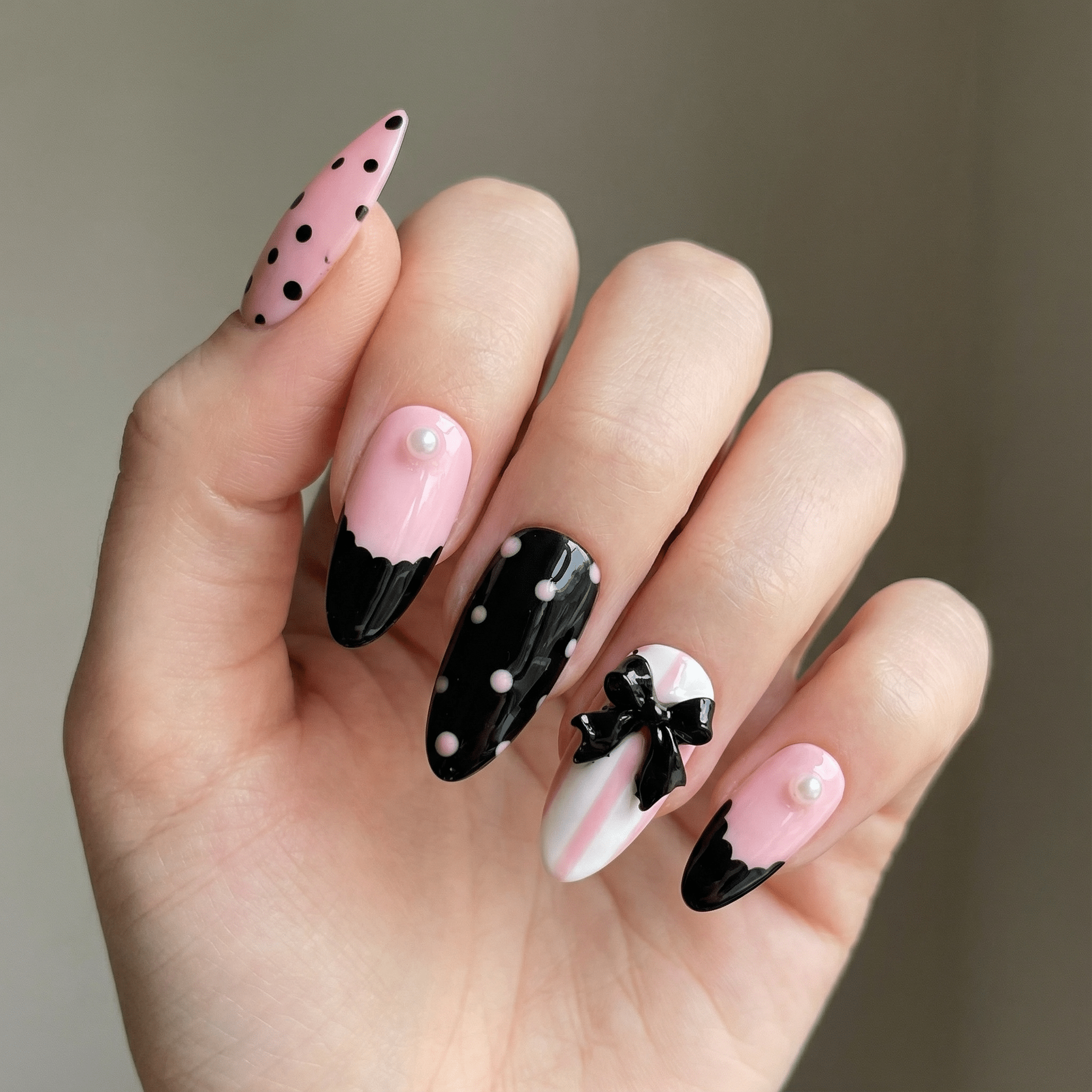 Polka Ribbon press-on nails – hand-painted reusable gel set by Handora