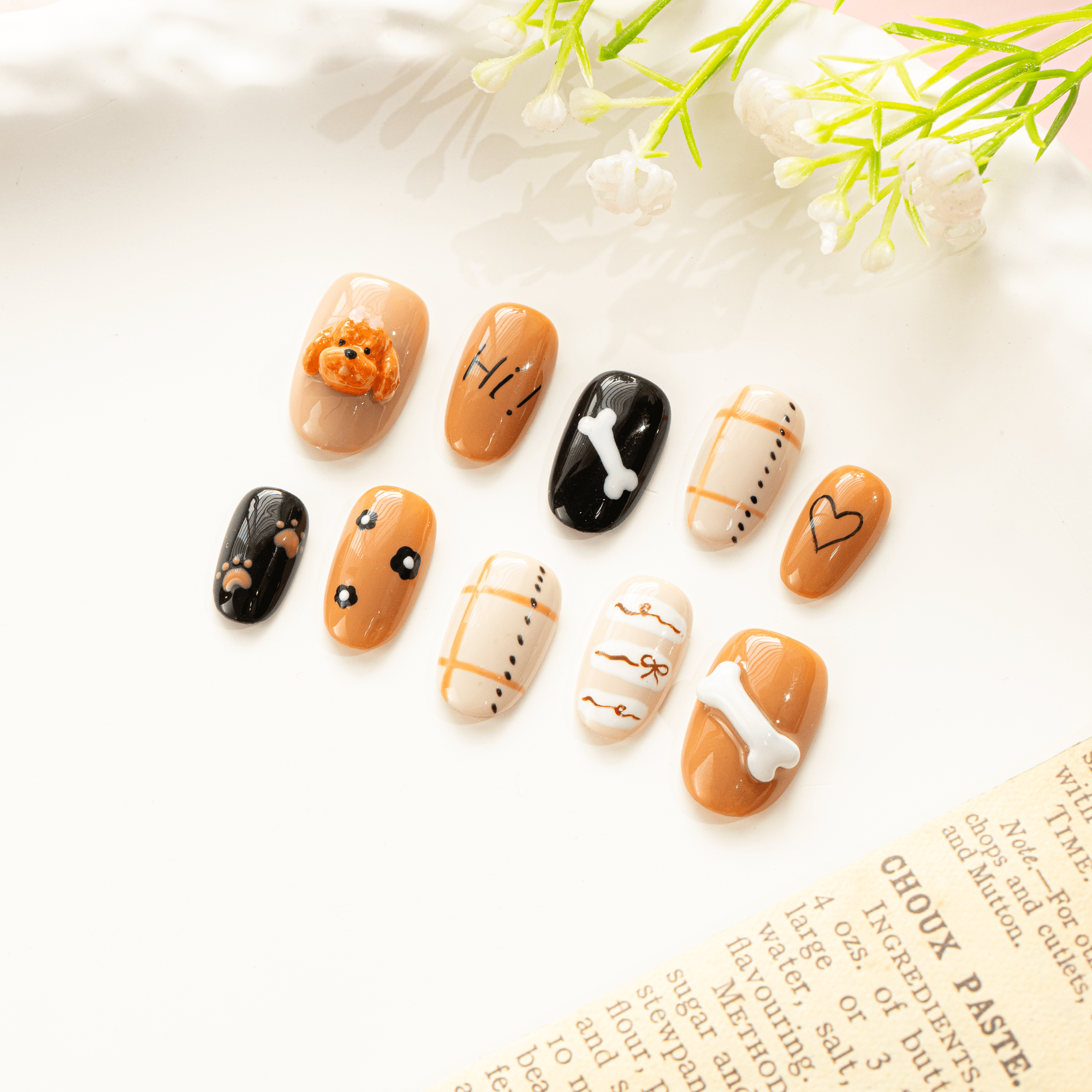 Poodle Puppy press-on nails – design close-up by Handora