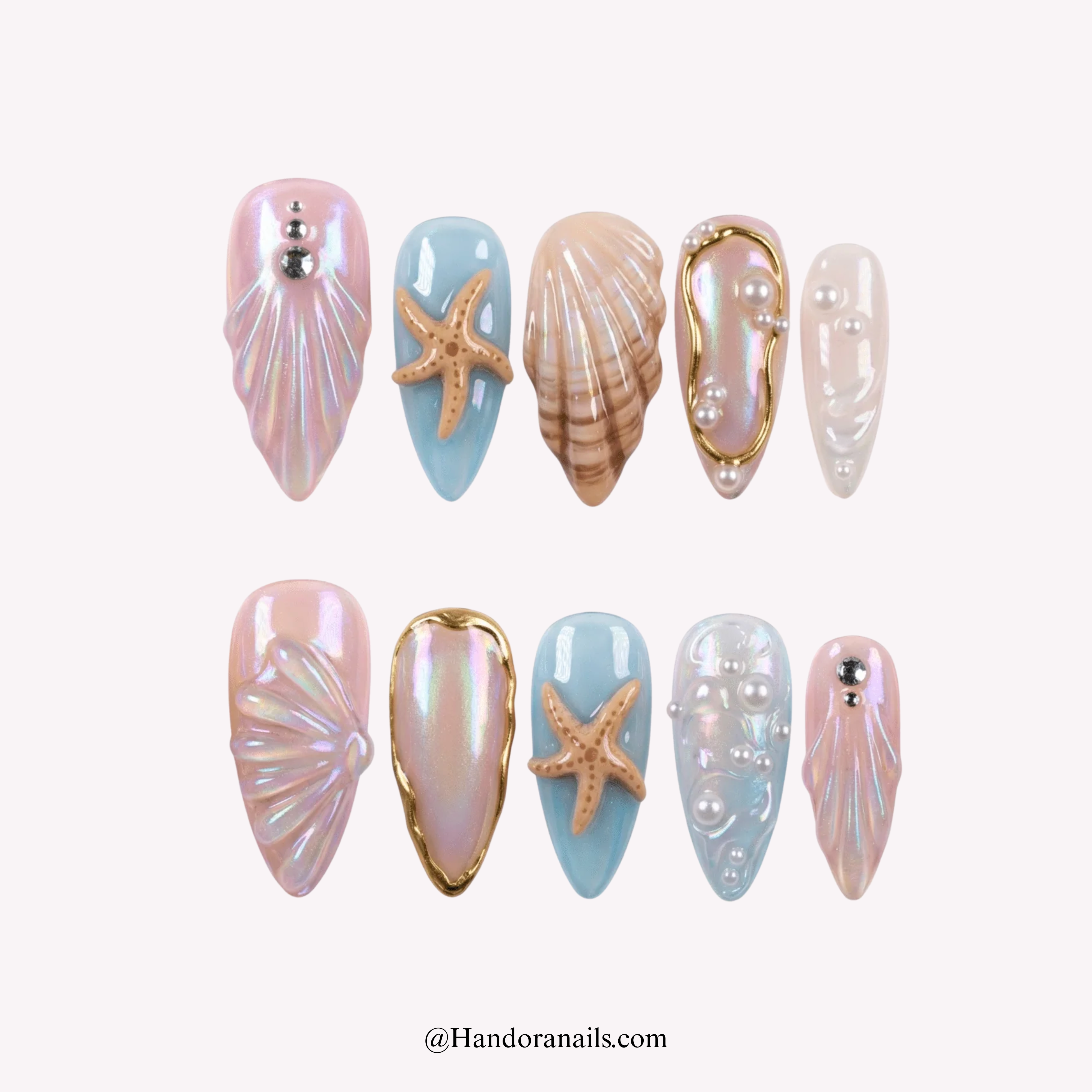 Pearl Mermaid white almond 3d press-on nails by Handora