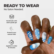 Crystal Skies almond press-on nails – design close-up by Handora