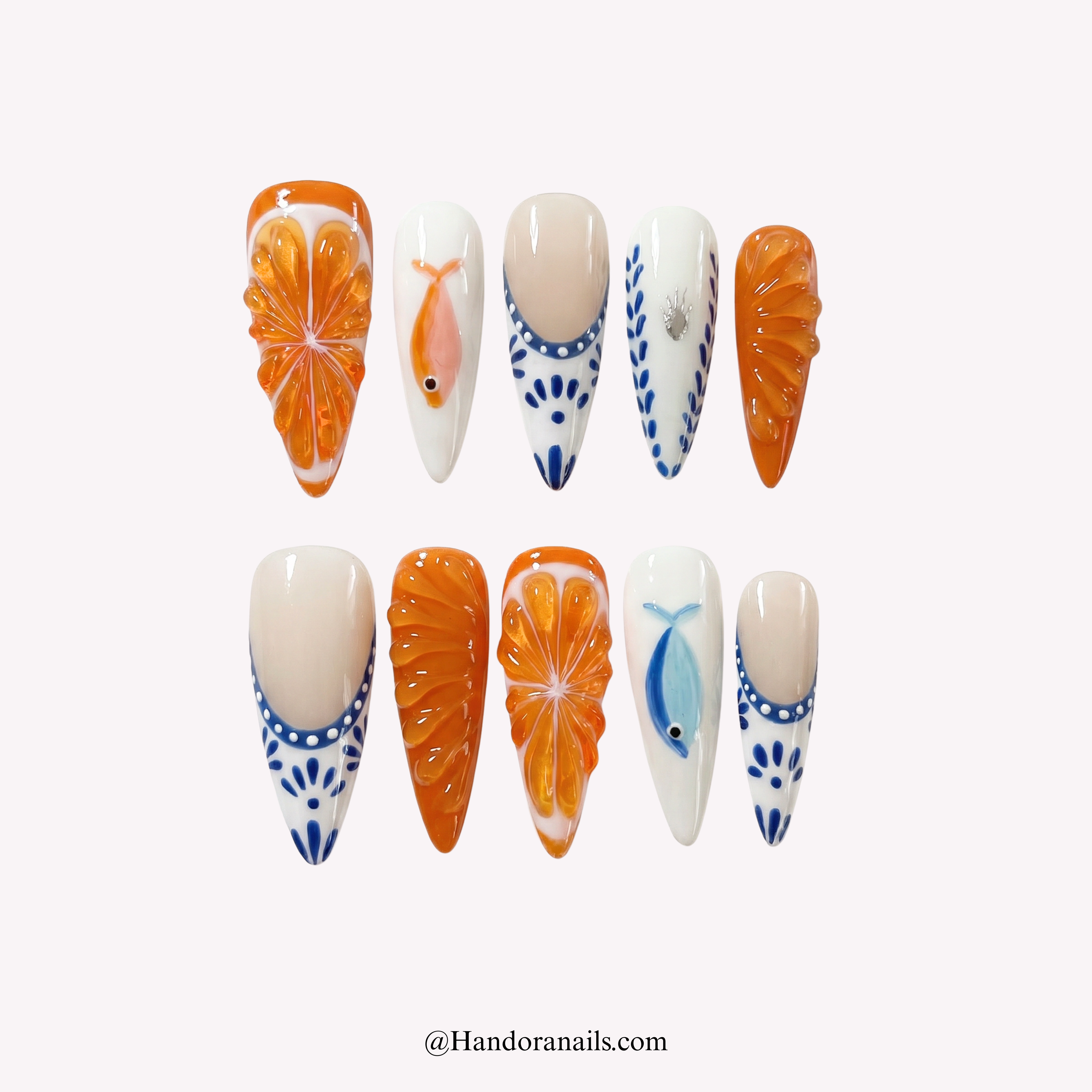 Citrus Voyage almond press-on nails by Handora