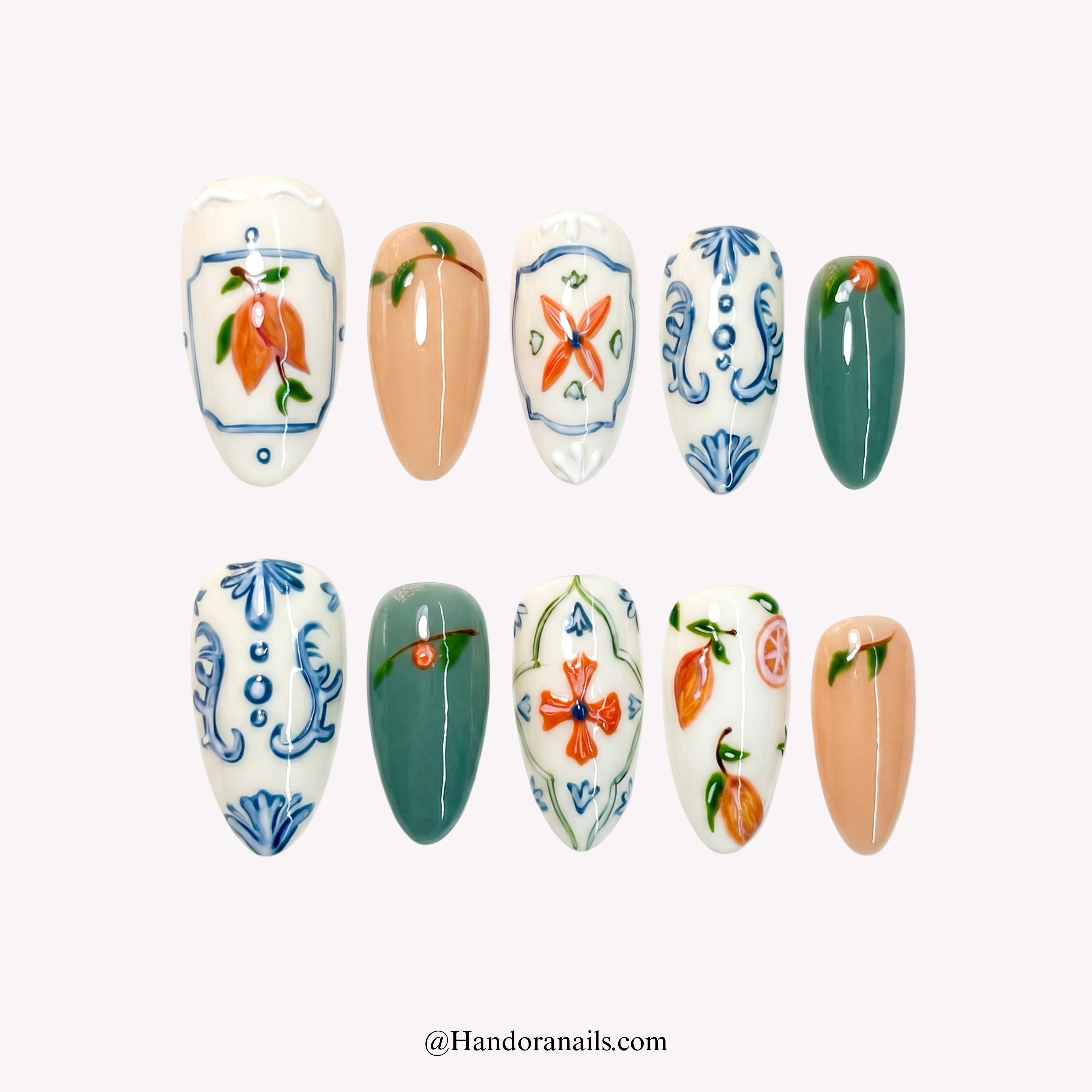 Floral Majolica almond floral press-on nails by Handora
