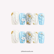 Ocean Pearl blue coffin press-on nails by Handora