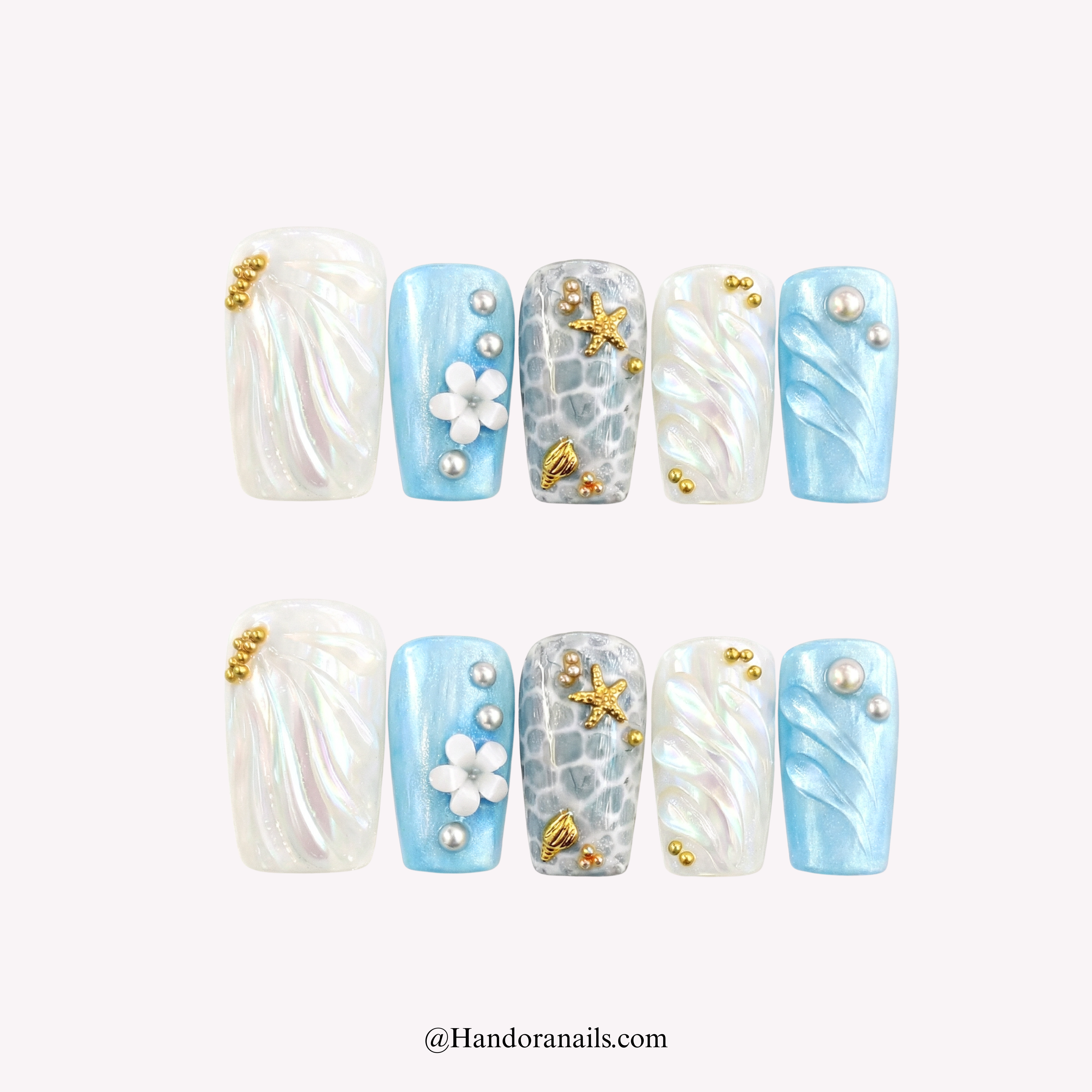 Ocean Pearl blue coffin press-on nails by Handora
