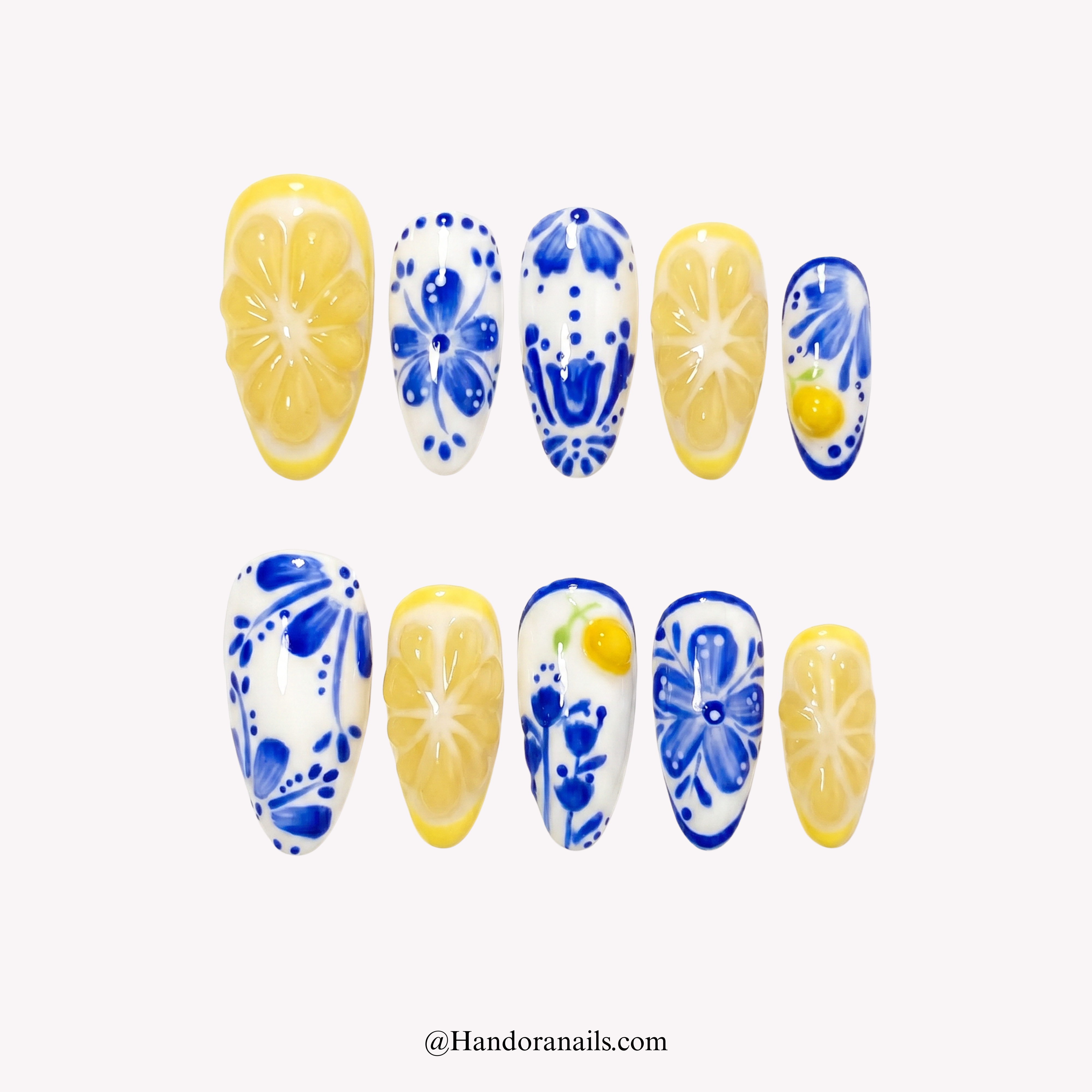 Citrus Ceramic almond press-on nails by Handora