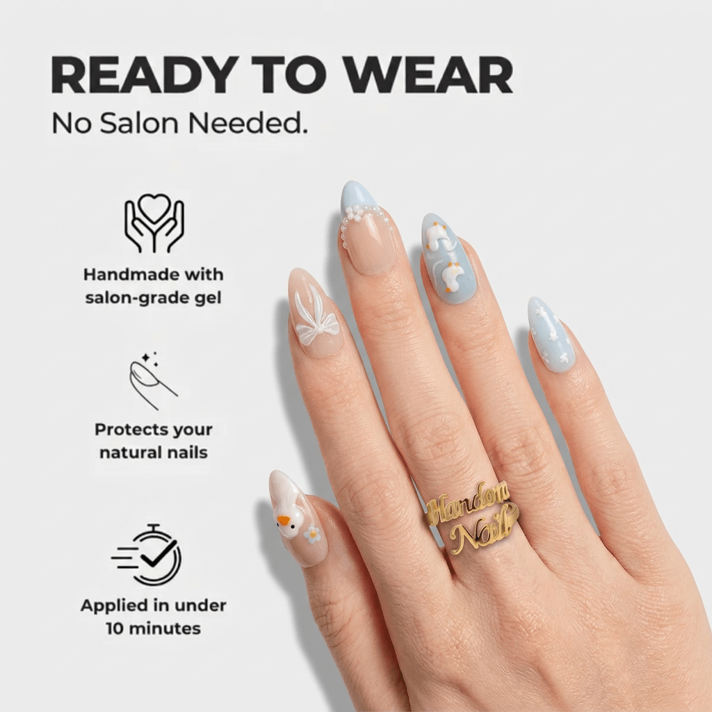 Puddle Duck press-on nails – design close-up by Handora