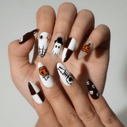 Pumpkin Party press-on nails – hand-painted reusable gel set by Handora