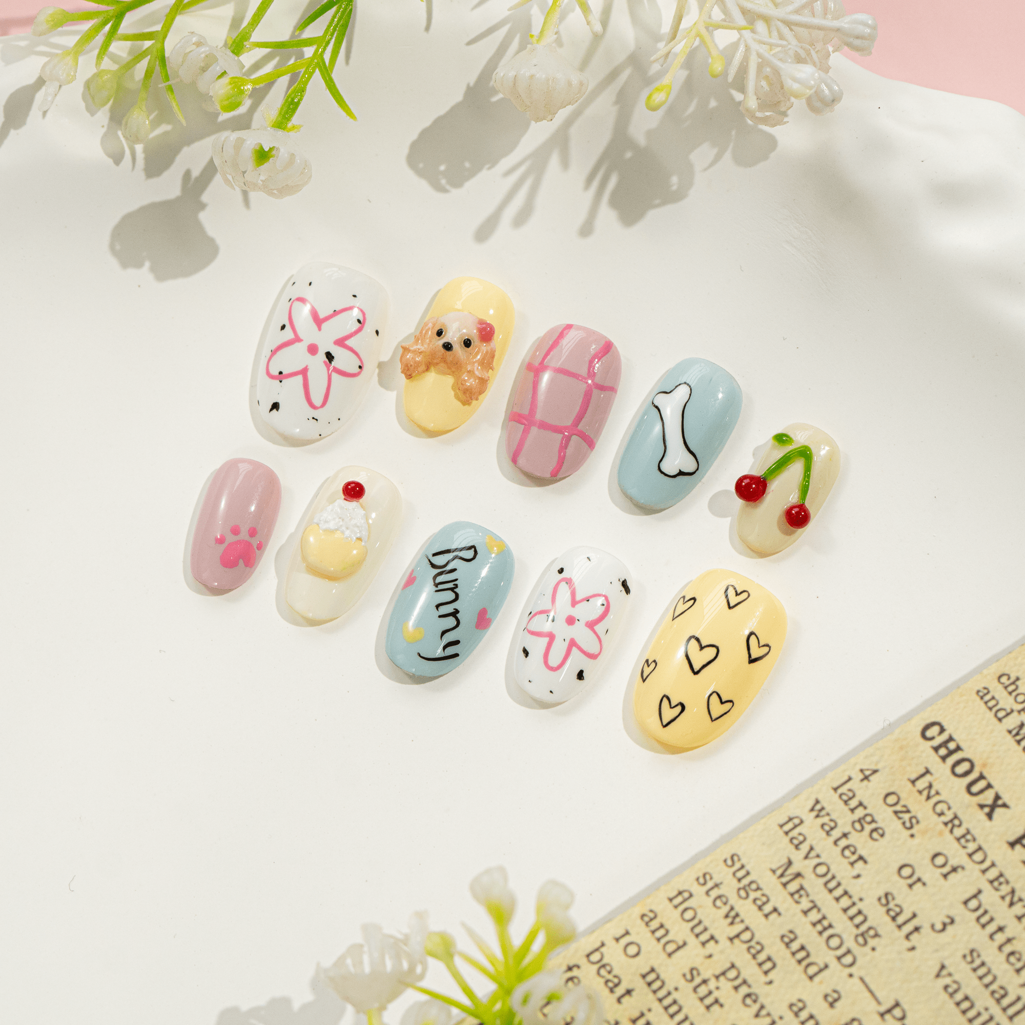 Puppy Bunny press-on nails – design close-up by Handora