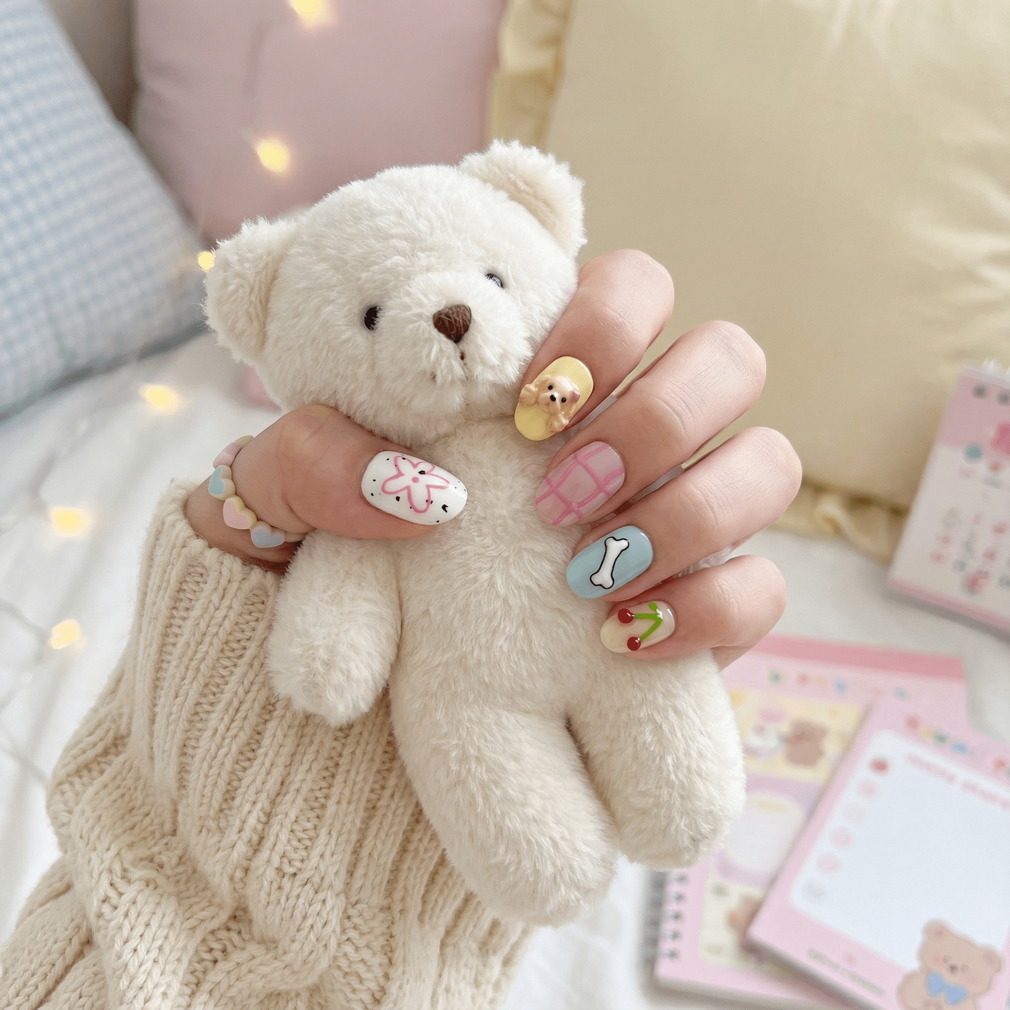 Puppy Bunny press-on nails – hand-painted reusable gel set by Handora