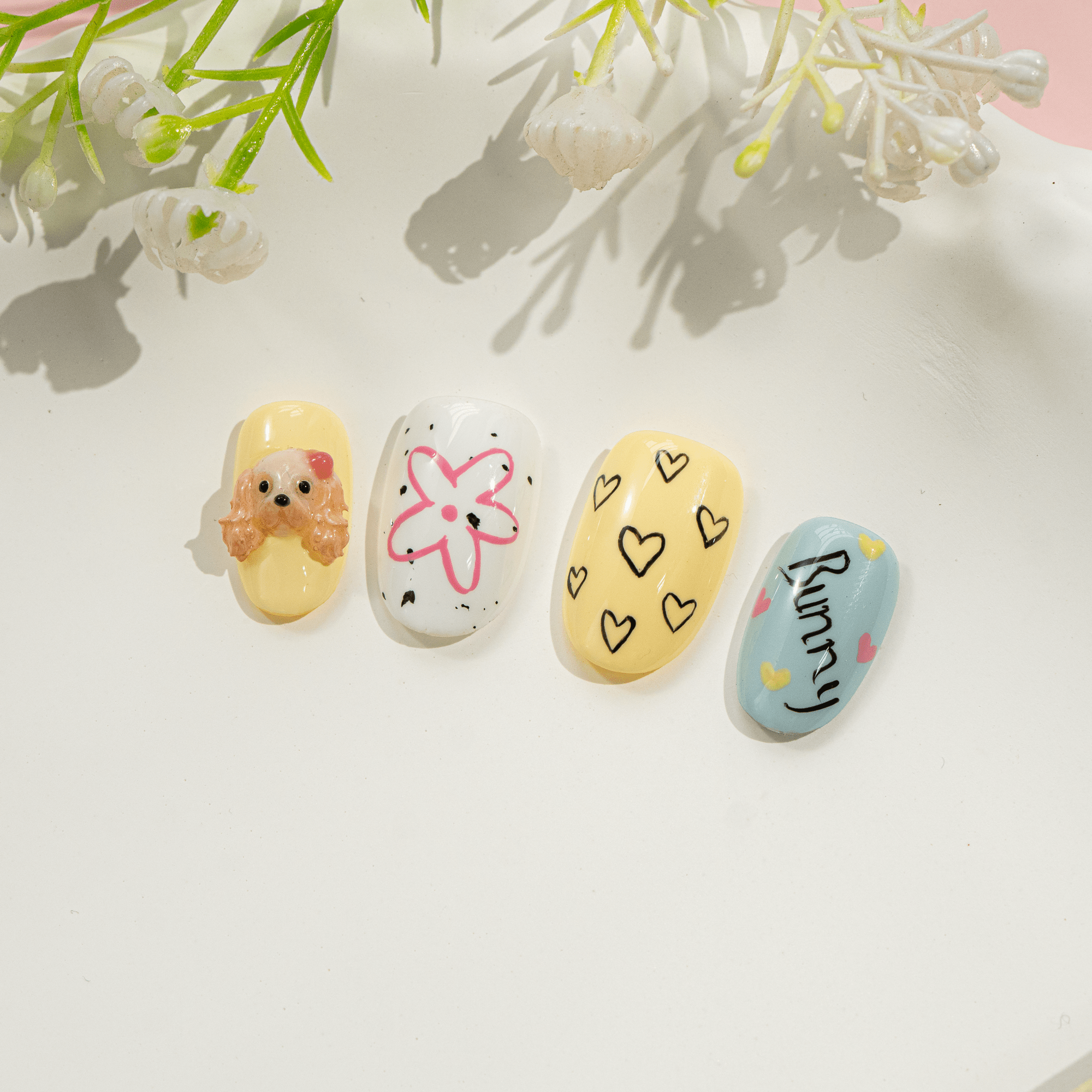 Puppy Bunny kawaii nail design – handmade press-on nails by Handora