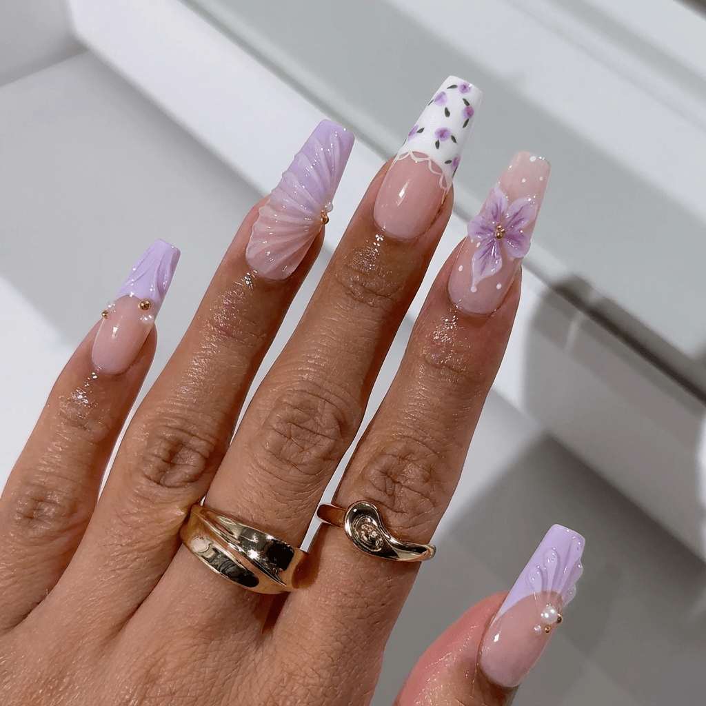 Purple Bloom press-on nails – design close-up by Handora