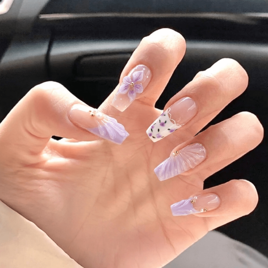 Purple Bloom floral nail design – handmade press-on nails by Handora
