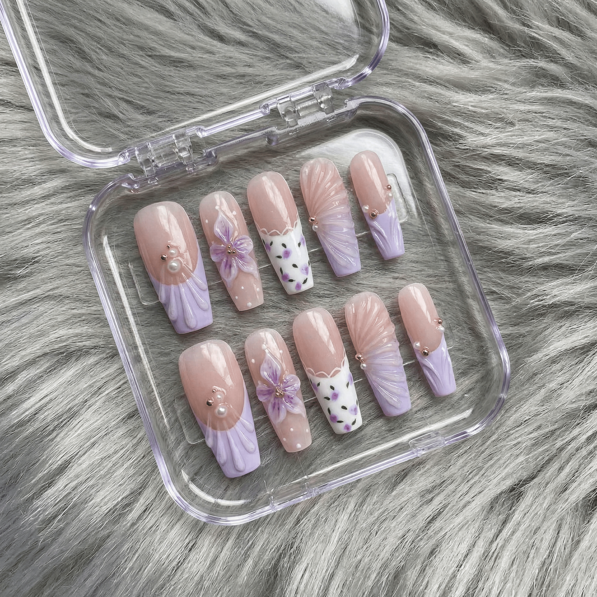 Purple Bloom press-on nails – hand-painted reusable gel set by Handora