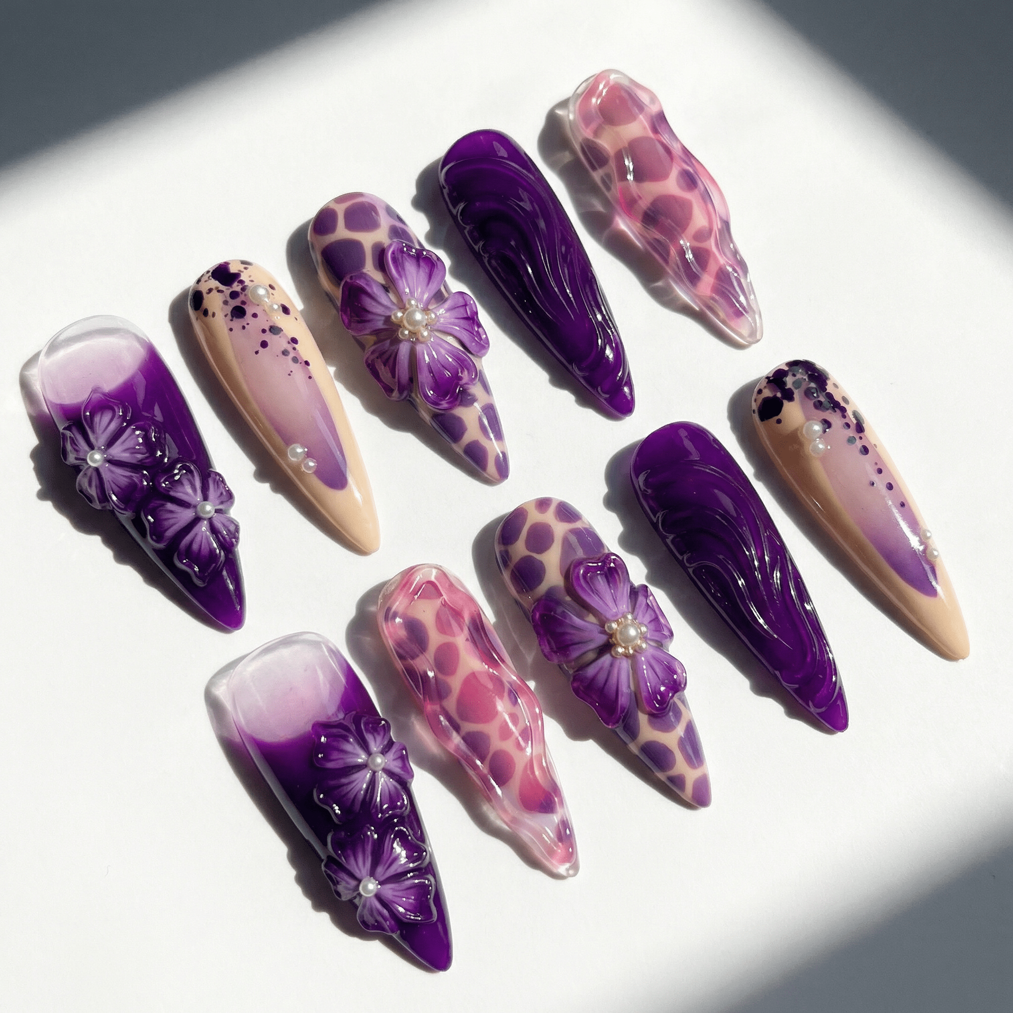 Purple Petals floral nail design – handmade press-on nails by Handora