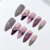Purple Zebra floral nail design – handmade press-on nails by Handora