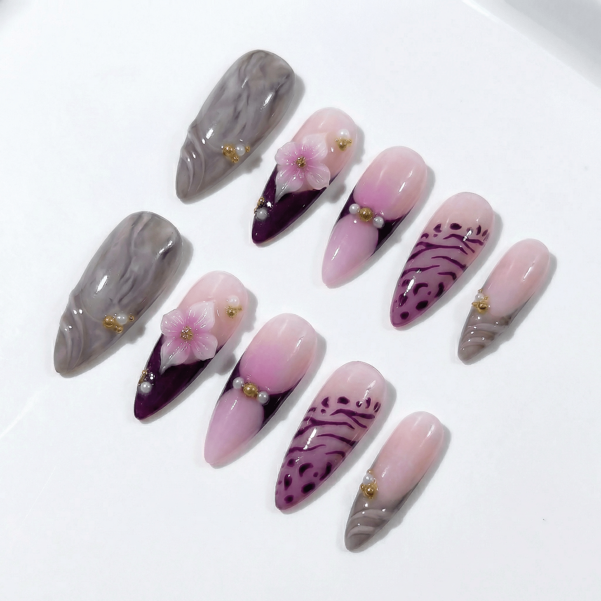 Purple Zebra floral nail design – handmade press-on nails by Handora