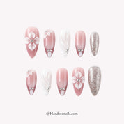 Radiant Rose pink stiletto floral press-on nails by Handora
