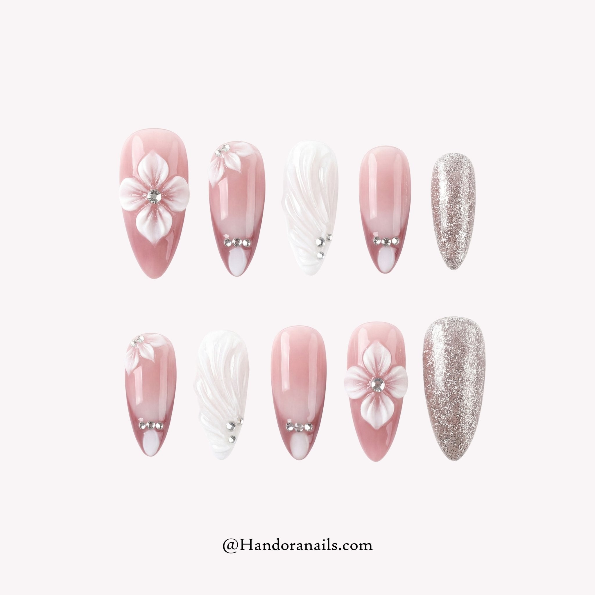 Radiant Rose pink stiletto floral press-on nails by Handora