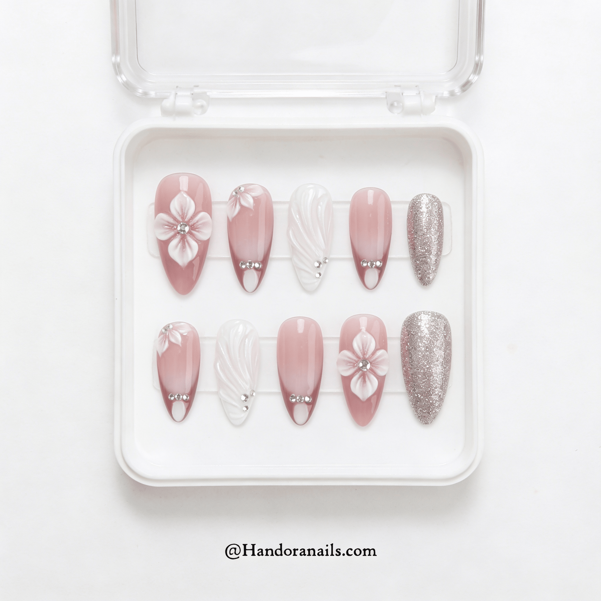 Radiant Rose stiletto press-on nails – design close-up by Handora