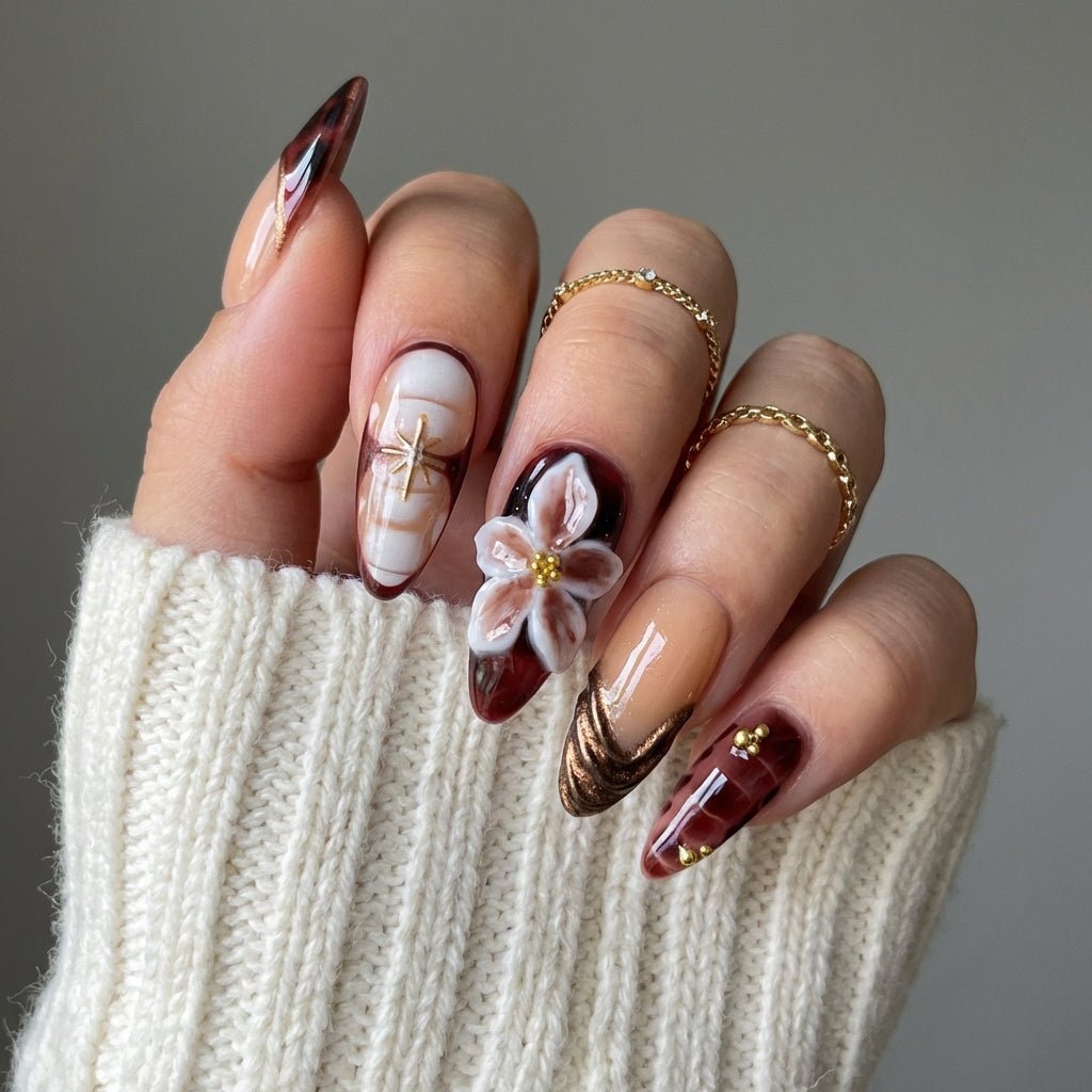 Red Bloom floral nail design – handmade press-on nails by Handora